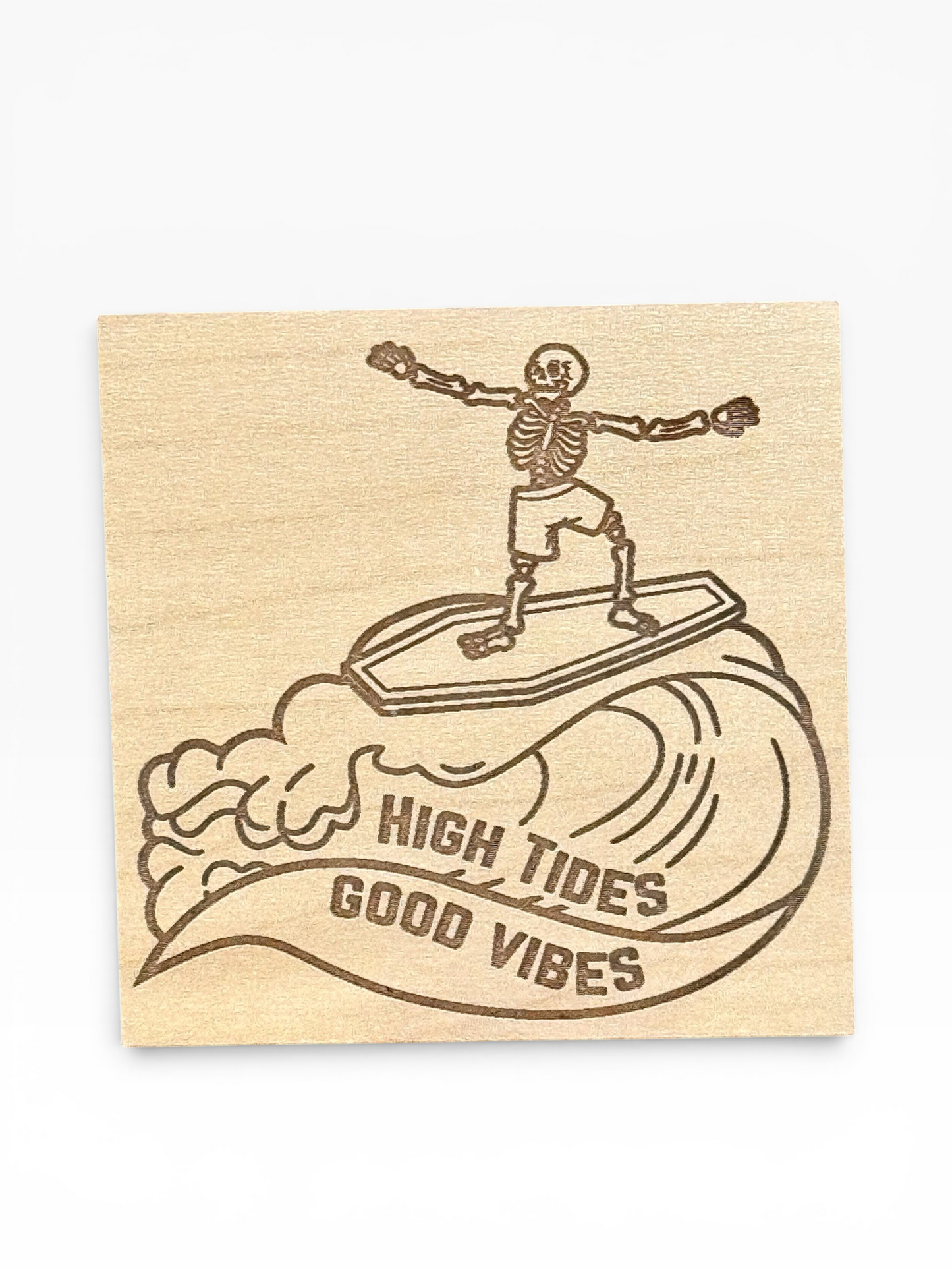 High Tides, Good Vibes Skeleton Surfer Wooden Magnet