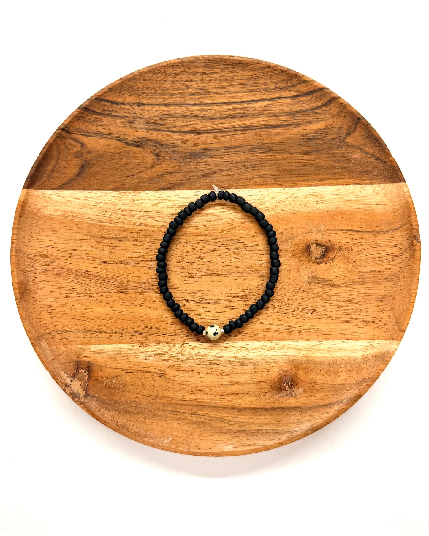 022 - Black Seed Bead Bracelet with Dalmation Stone Accent