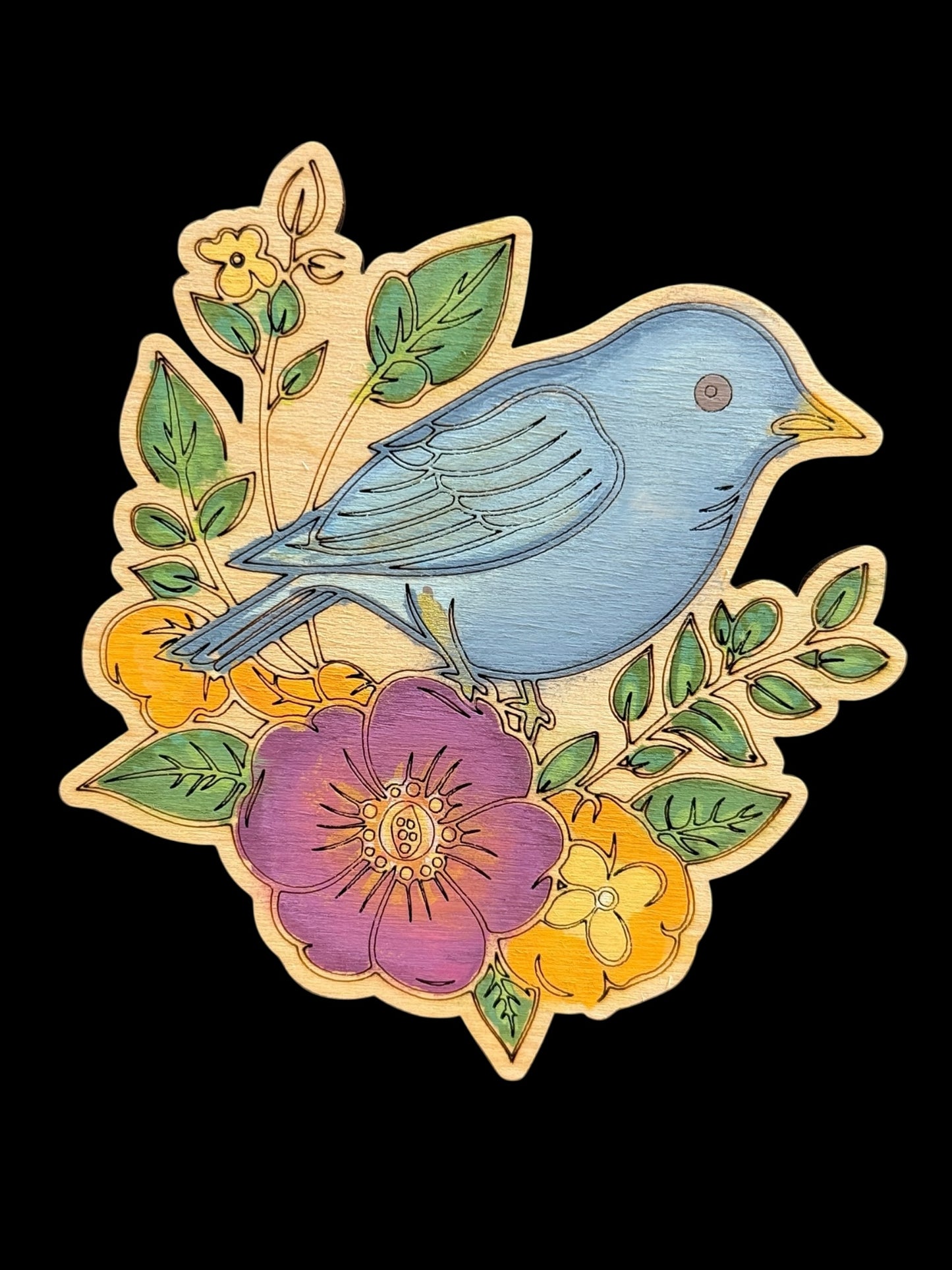 Hand Painted Wood Floral Blue Bird Magnet
