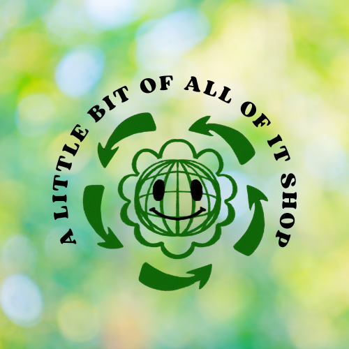 Logo of 'A Little Bit of All of It Shop' with a smiley face globe design on a blurred green background.