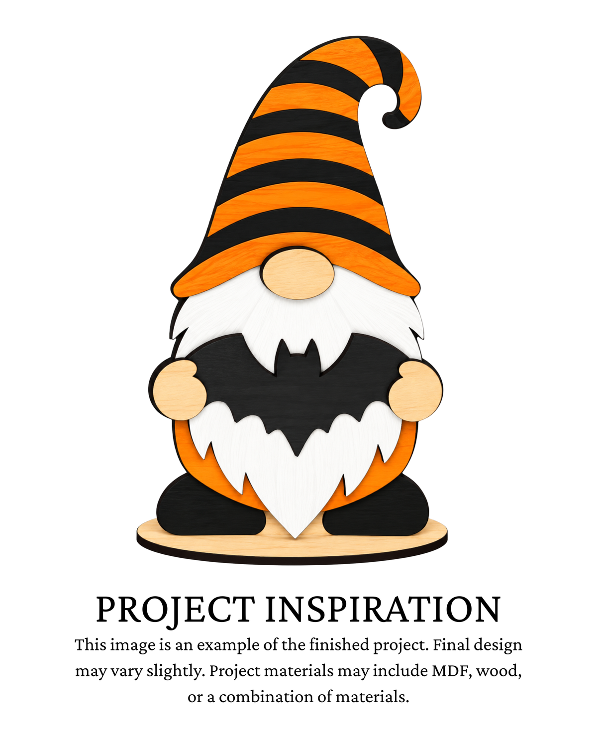 A Halloween gnome design with a black and orange striped hat, white beard, and black bat-like face, shown above text that reads 'PROJECT INSPIRATION' on a white background.