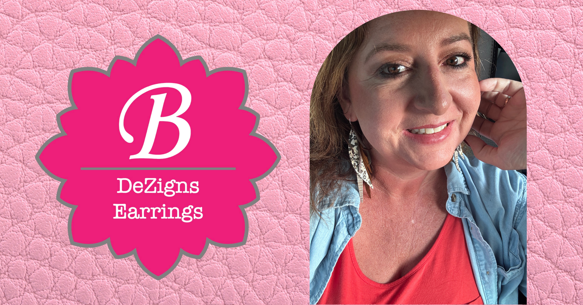 Promotional graphic with logo with a 'B' DeZigns Earrigns on the left in a flower motif and a photo of a women wearing earrings on the right size, all on a pink leather background.