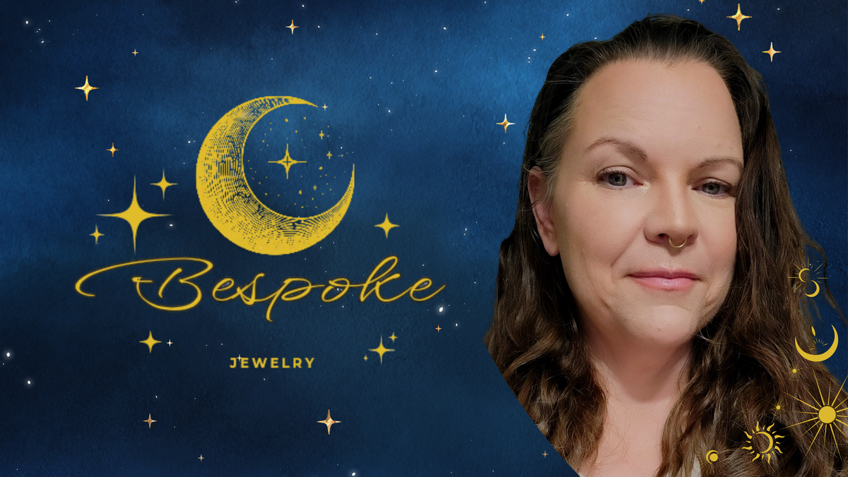 Woman with 'Bespoke Jewelry' logo featuring a crescent moon and stars on a blue background.