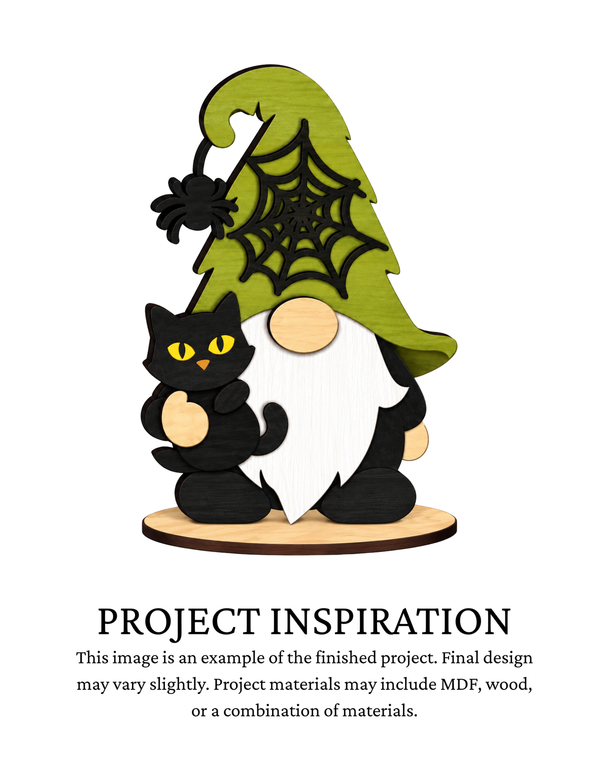 A Halloween-themed gnome figurine with a black cat, shown on a white background with text below reading 'PROJECT INSPIRATION.' The gnome has a tall olive-green pointed hat with a black spiderweb and black spider detail, a white beard, and black body and paws.