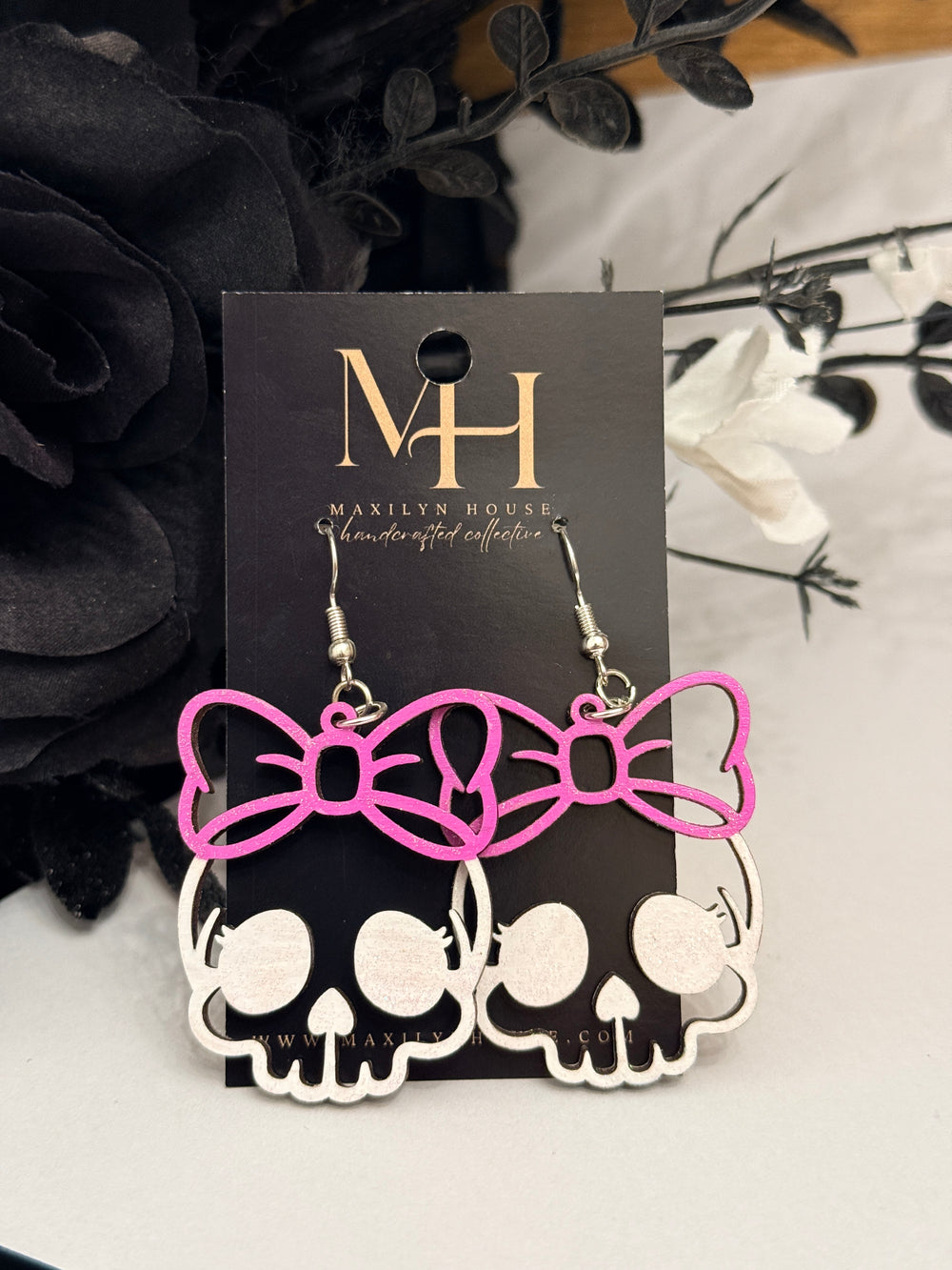 Bow Skull Wooden Dangle Earrings | Pink Glitter