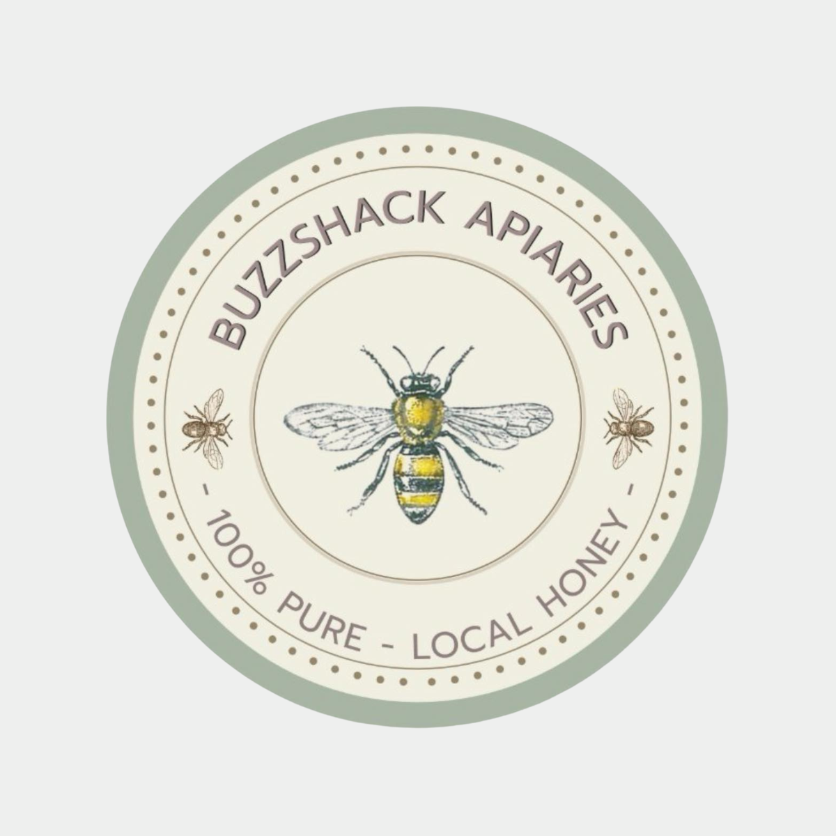 Buzzshack Apiaries logo with a bee illustration on a light gray background