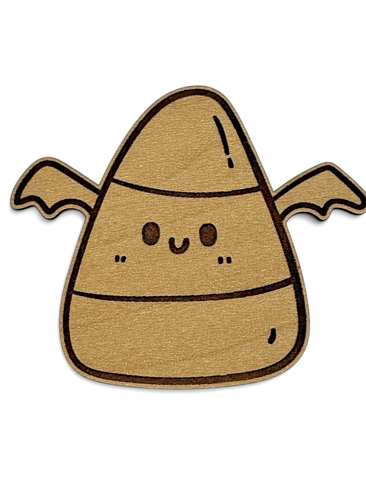 Cute engraved wooden candy corn bat Halloween magnet with smiling face and bat wings
