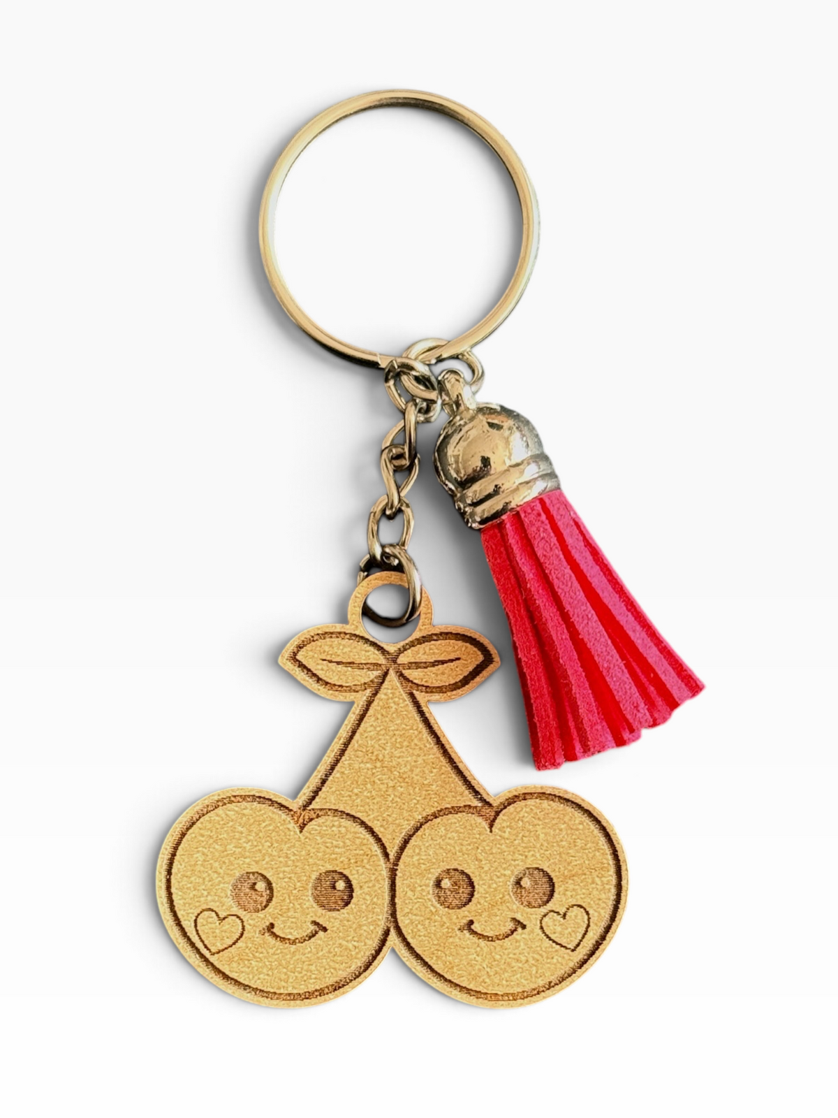 Cute laser engraved cherry besties wood keychain with pink tassel handmade by Maxilyn House in Racine Wisconsin