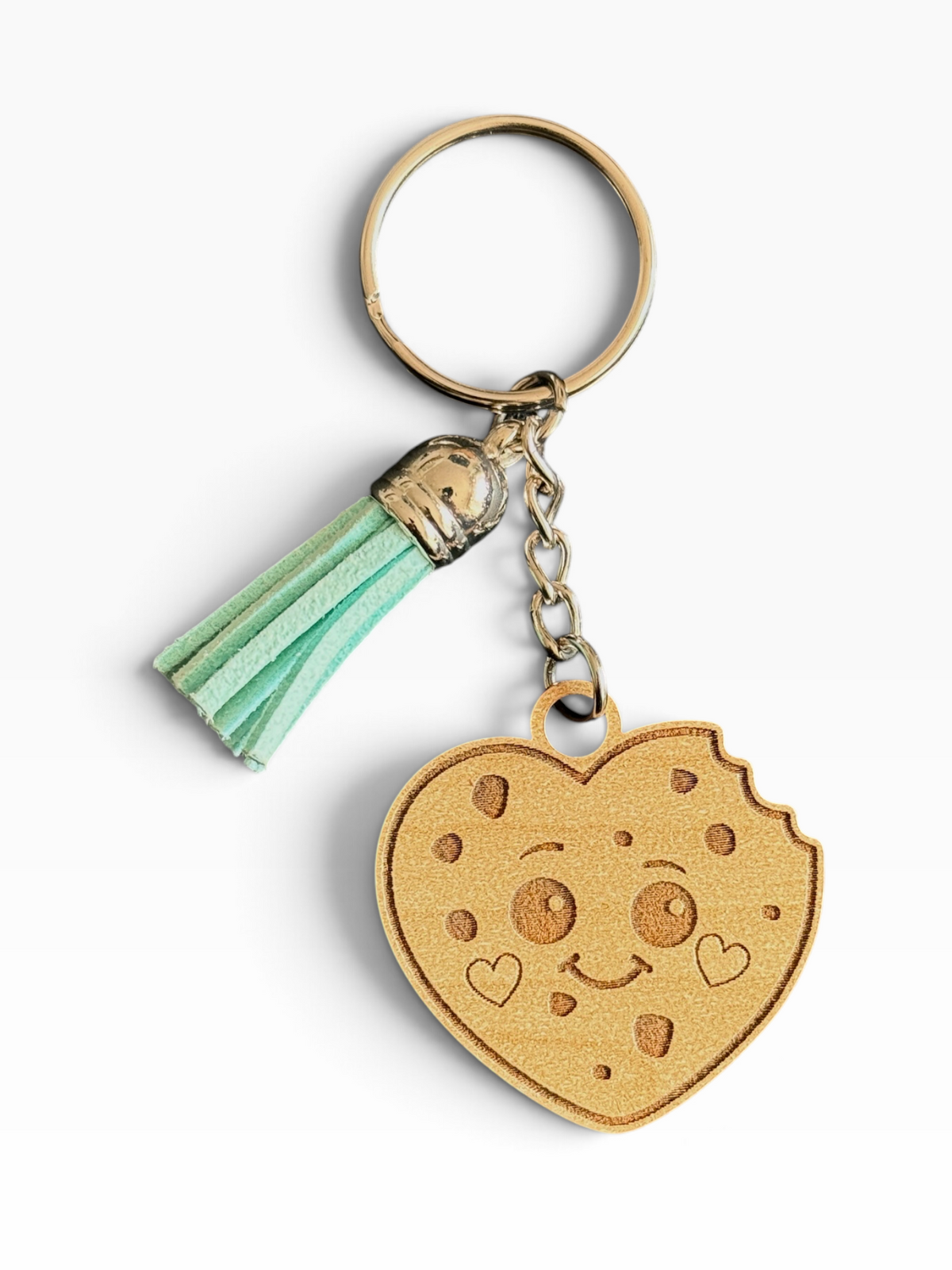 Cute laser engraved chocolate chip cookie wood keychain with mint tassel handmade by Maxilyn House in Racine Wisconsin