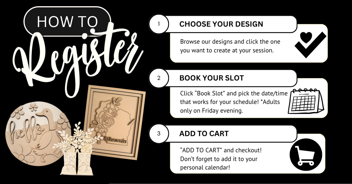 A black promotional graphic with the large text 'HOW TO Register' and three numbered steps: choose a design, book your slot, and add to cart. It includes decorative illustrations of a stamped card, a coin, and a shopping cart icon.