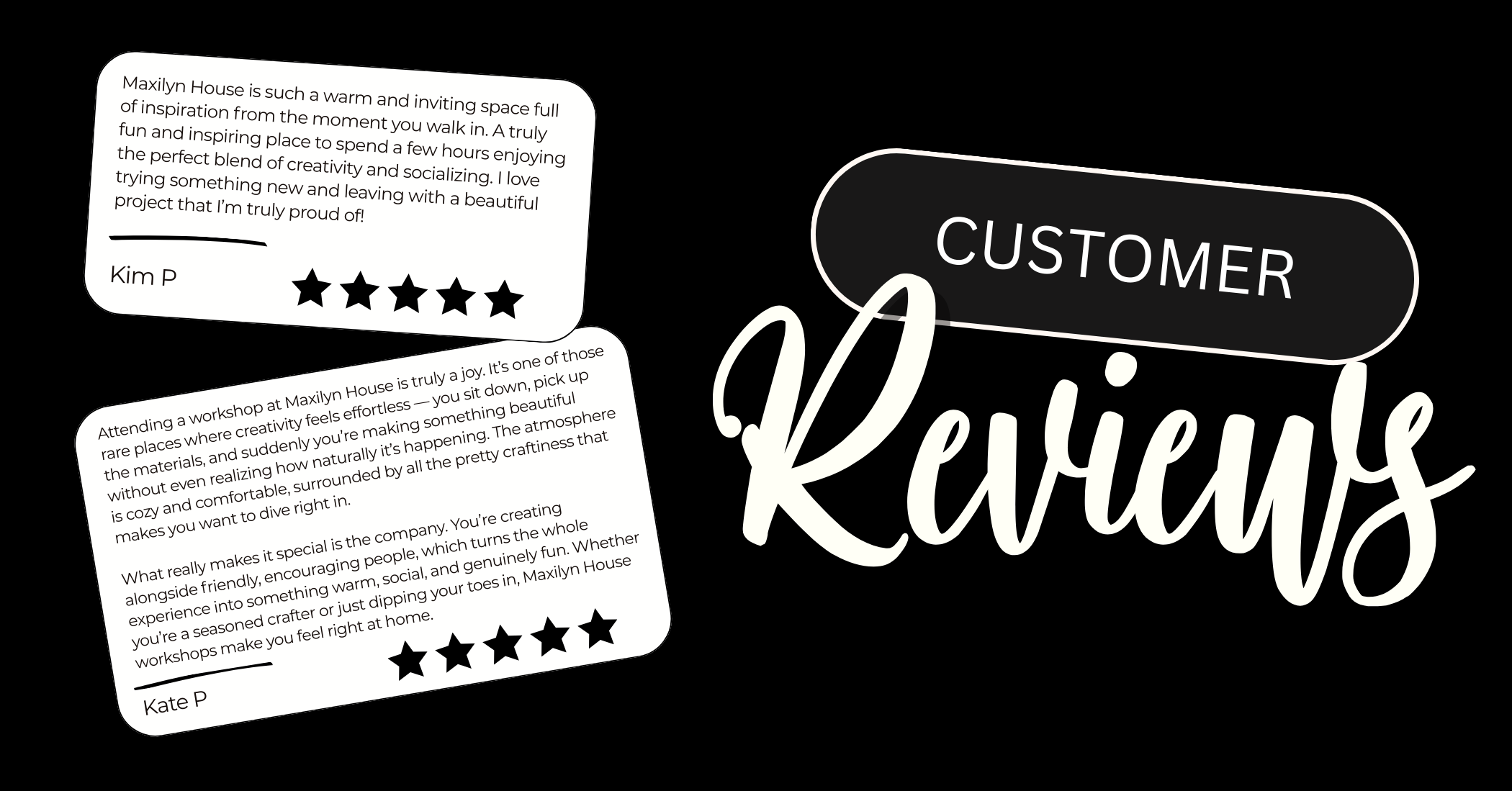 Customer reviews displayed on a black background with white text