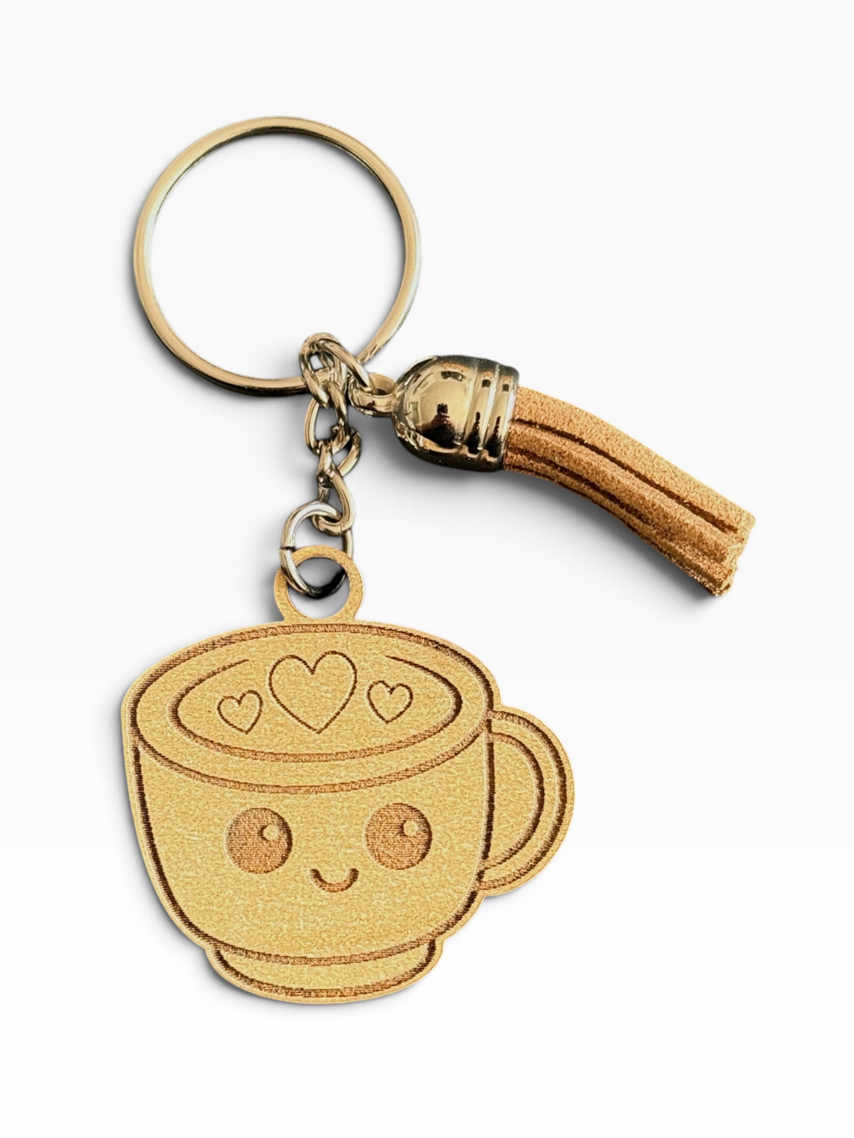 Cute laser engraved wood coffee cup keychain with brown tassel handmade by Maxilyn House in Racine Wisconsin