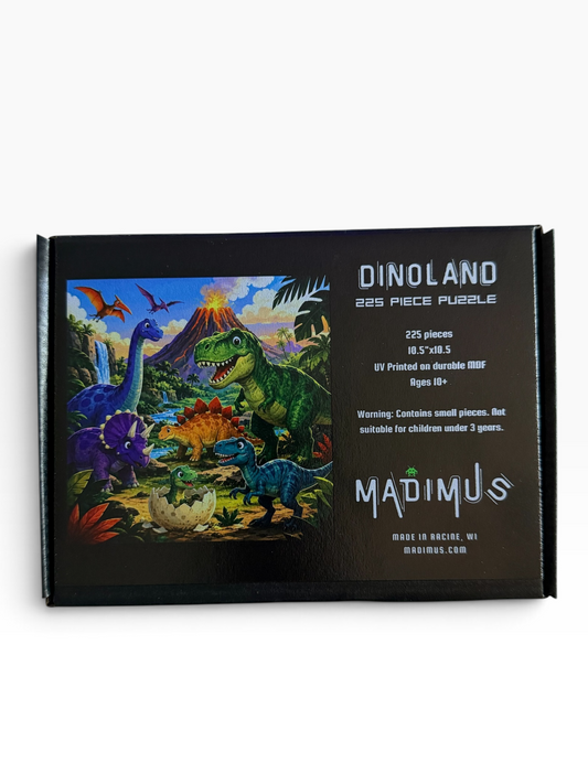 Dinoland 225-piece jigsaw puzzle box by Madimus, featuring colorful dinosaur artwork on a black background with product details printed on the front laying on a white background.