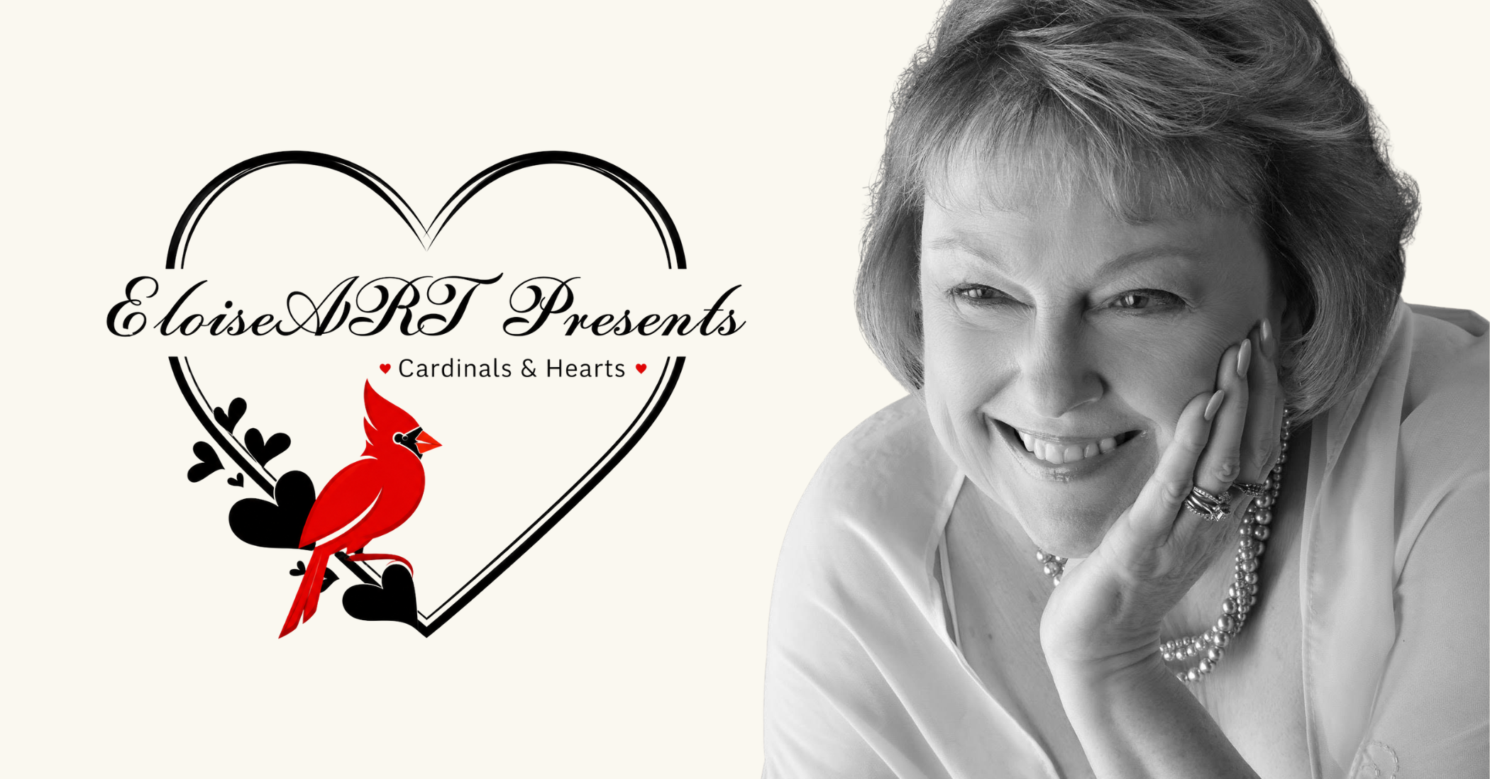 A promotional graphic featuring a smiling older woman in black-and-white on the right, alongside a logo on the left that reads 'EloiseART Presents Cardinals & Hearts' with a red cardinal and heart outline on a light beige background.