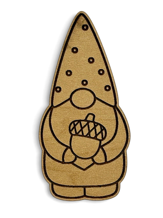 Engraved wooden fall gnome magnet holding an acorn