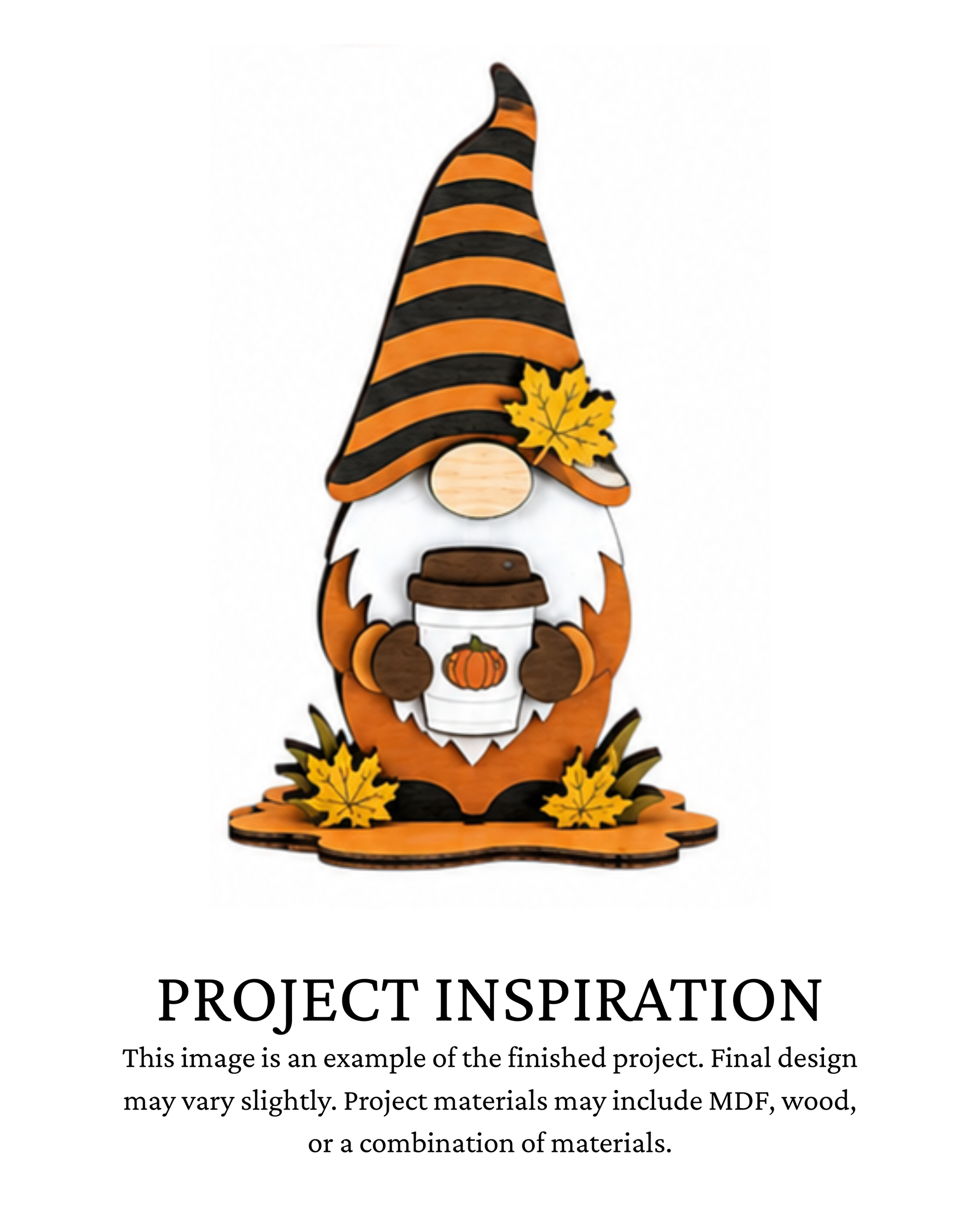 Finished project example of a layered fall gnome shelf sitter wearing a striped orange and black hat and holding a coffee mug with autumn accents. Text below reads “PROJECT INSPIRATION,” describing it as a finished project example.