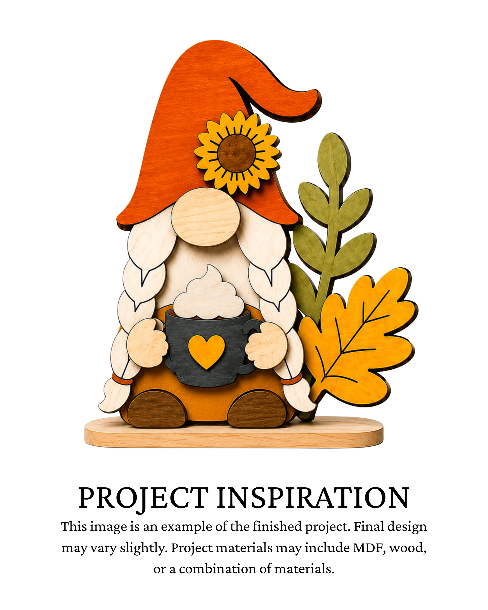 Finished project example of a layered fall gnome shelf sitter with braided hair, orange hat, sunflower, coffee mug and colorful autumn leaves. Text below reads “PROJECT INSPIRATION,” describing it as a finished project example.
