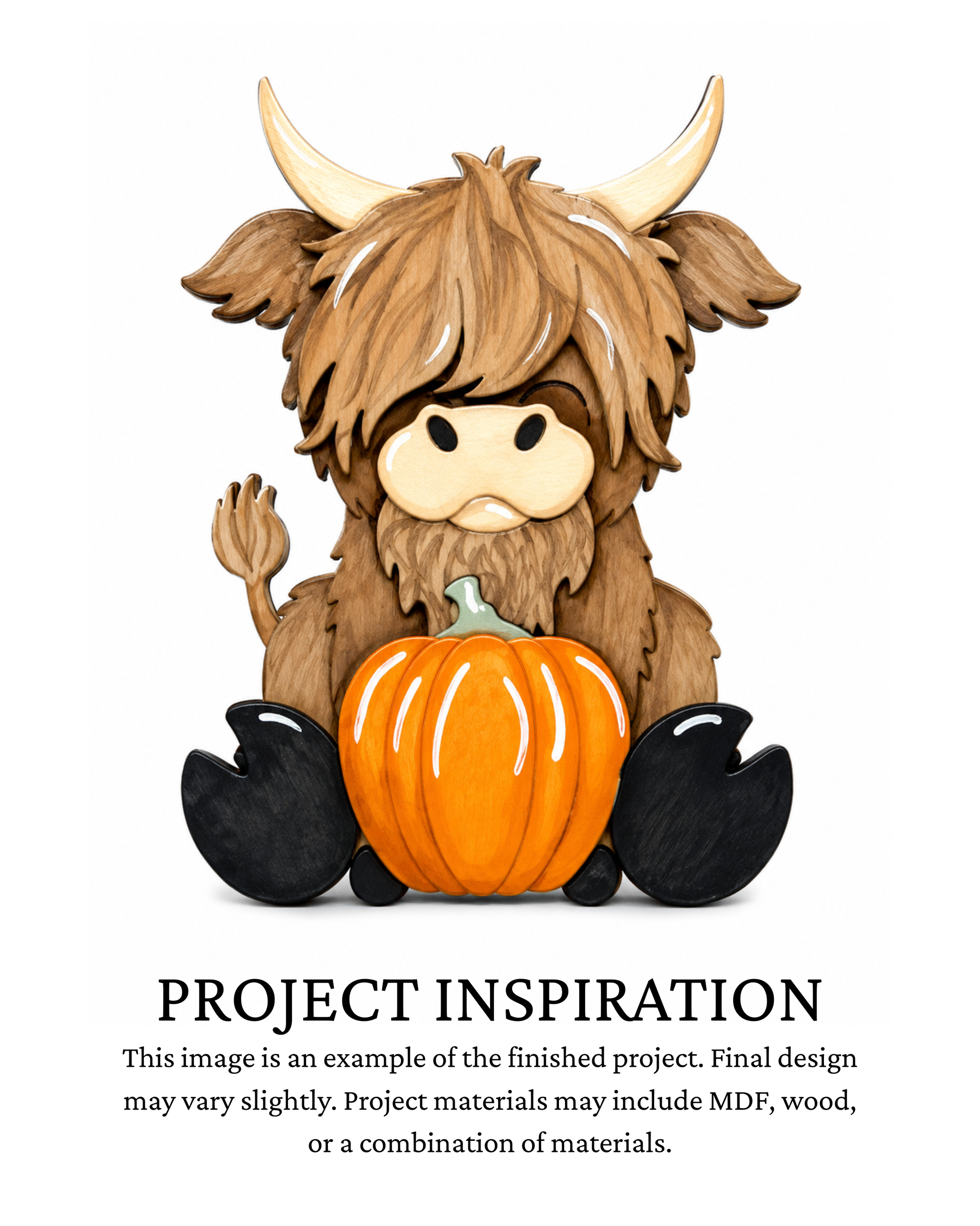 Finished project example of a layered Highland cow fall shelf sitter with long shaggy hair, horns and an orange pumpkin. Text below reads “PROJECT INSPIRATION,” describing it as a finished project example.