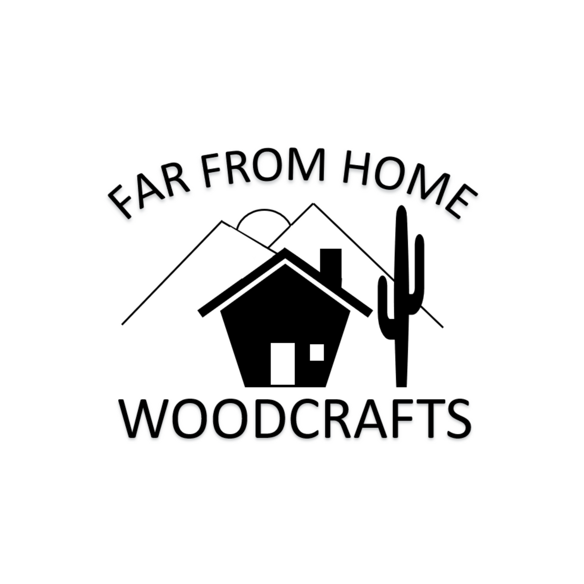 Logo of Far From Home Woodcrafts with a house and cactus design on a white background