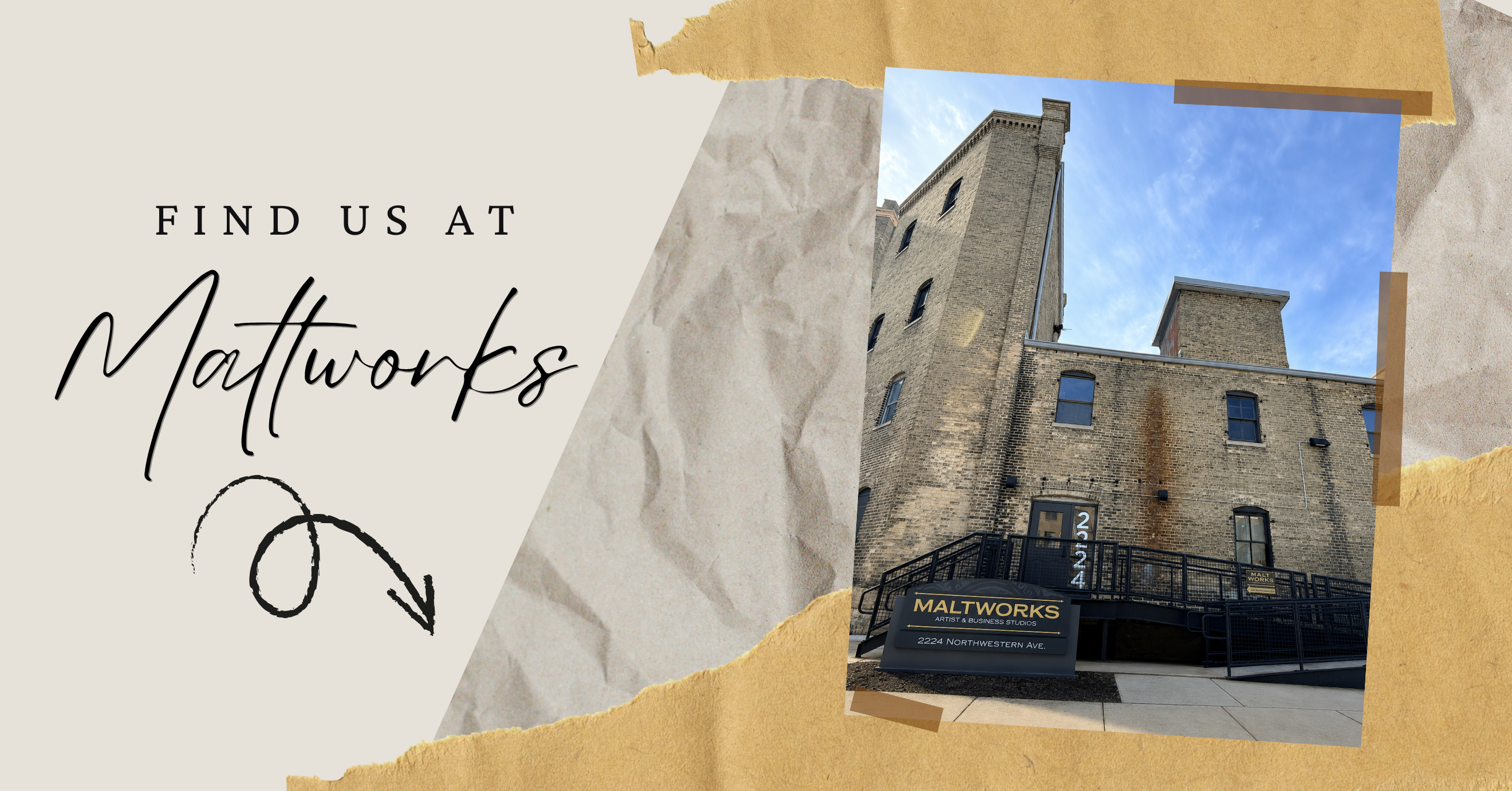 Promotional graphic for Mattworks featuring the text 'FIND US AT Mattworks' on the left and a photo of the company's brick industrial building on the right, styled with torn paper edges on a beige background.
