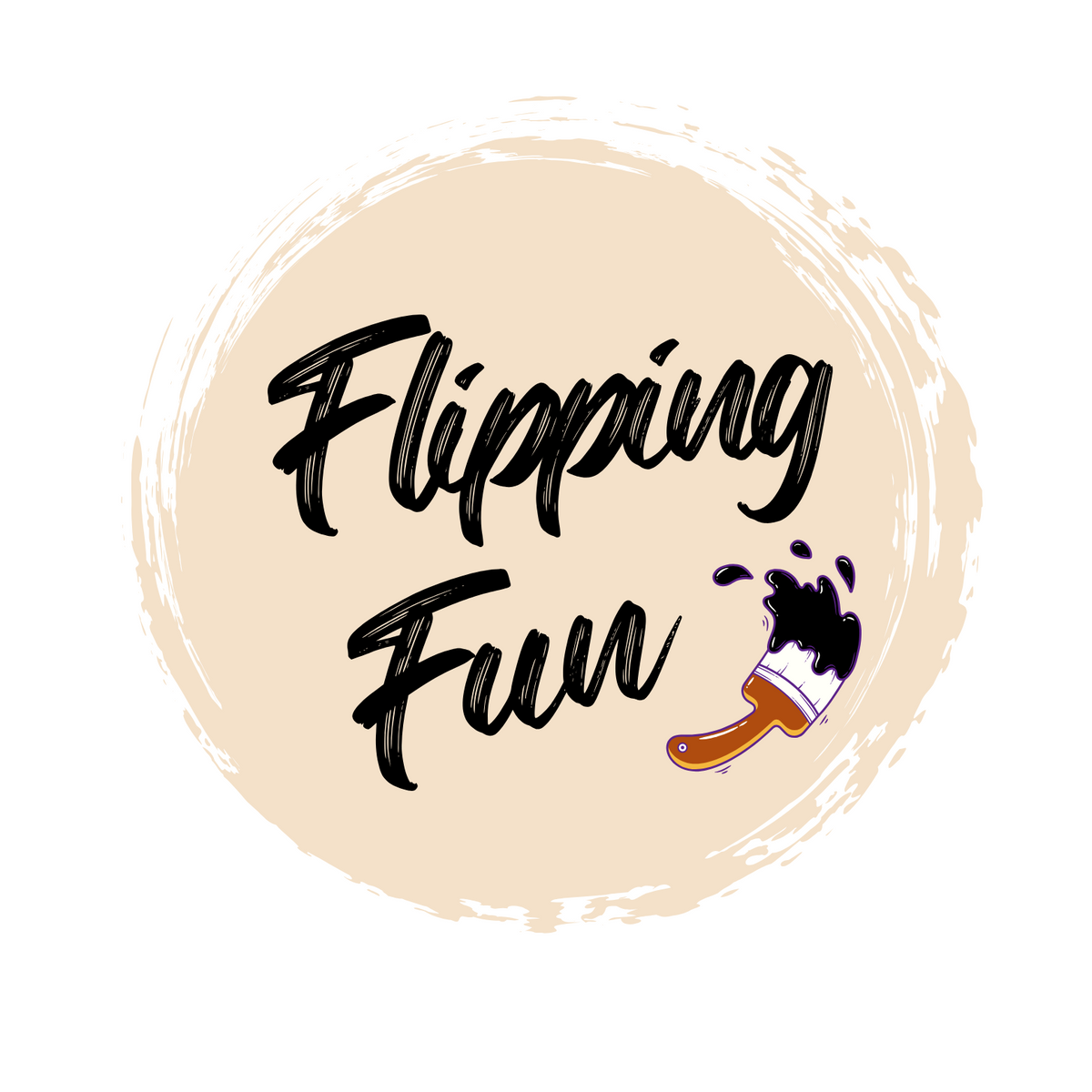 Logo with 'Flipping Fun' text and a cartoon styled paintbrush on a beige circle background
