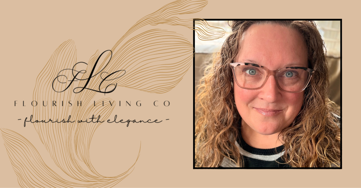 A portrait-style branded graphic with the text 'FL Flourish Living Co - flourish with elegance -' on a warm beige background with decorative line art, alongside a square inset photo of a smiling woman with curly hair and glasses.