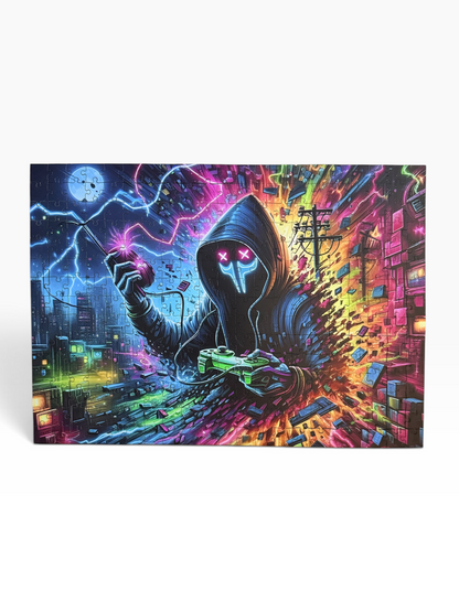 A completed jigsaw puzzle featuring a vibrant, neon-colored digital illustration of a hooded figure holding a game controller, set against a dark futuristic cityscape with lightning and glowing effects, photographed against a clean white background.