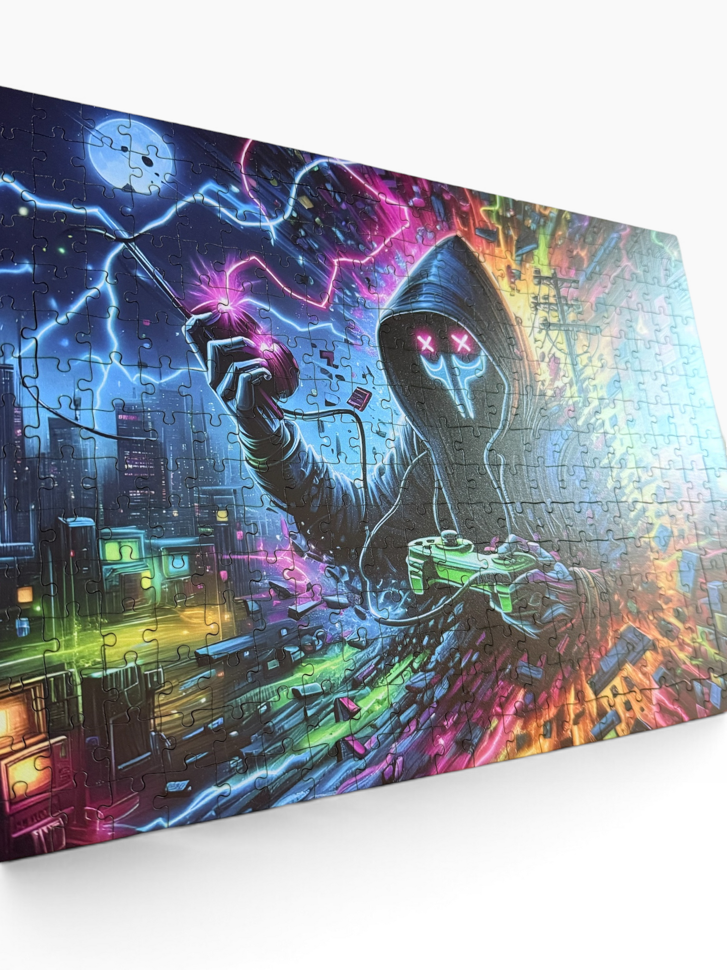 A completed jigsaw puzzle featuring a highly detailed, colorful neon gamer illustration of a hooded figure holding a glowing controller in a neon-lit city scene, shown at an angle against a plain white background.
