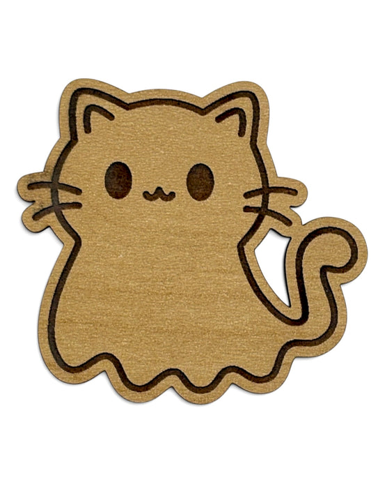 Cute engraved wooden ghost cat Halloween magnet with curled tail