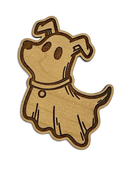 Engraved wooden ghost dog Halloween magnet with floppy ears and wagging tail