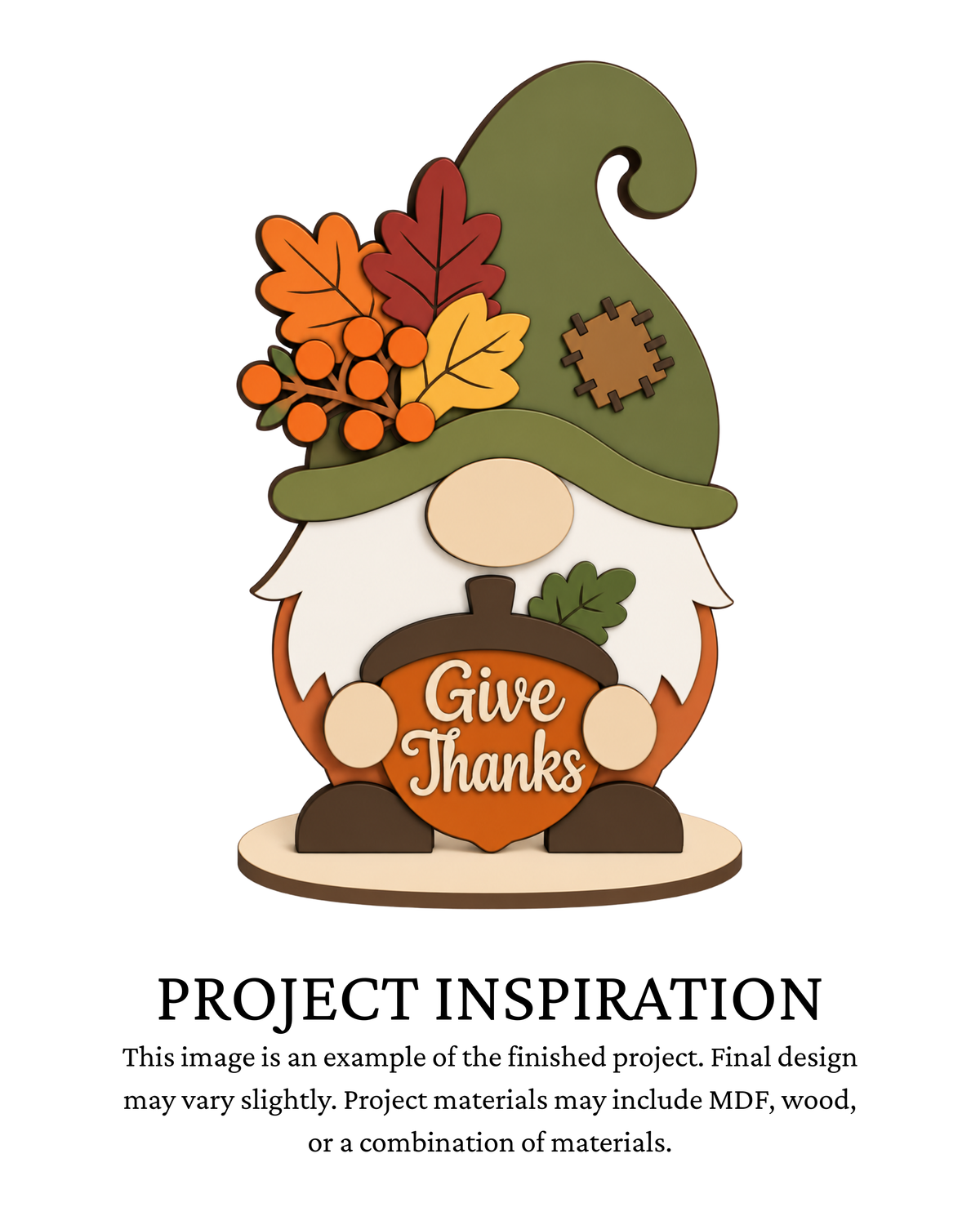 Freestanding fall gnome with olive green hat, cream beard, autumn leaves and orange Give Thanks pumpkin sign on a painted display base.