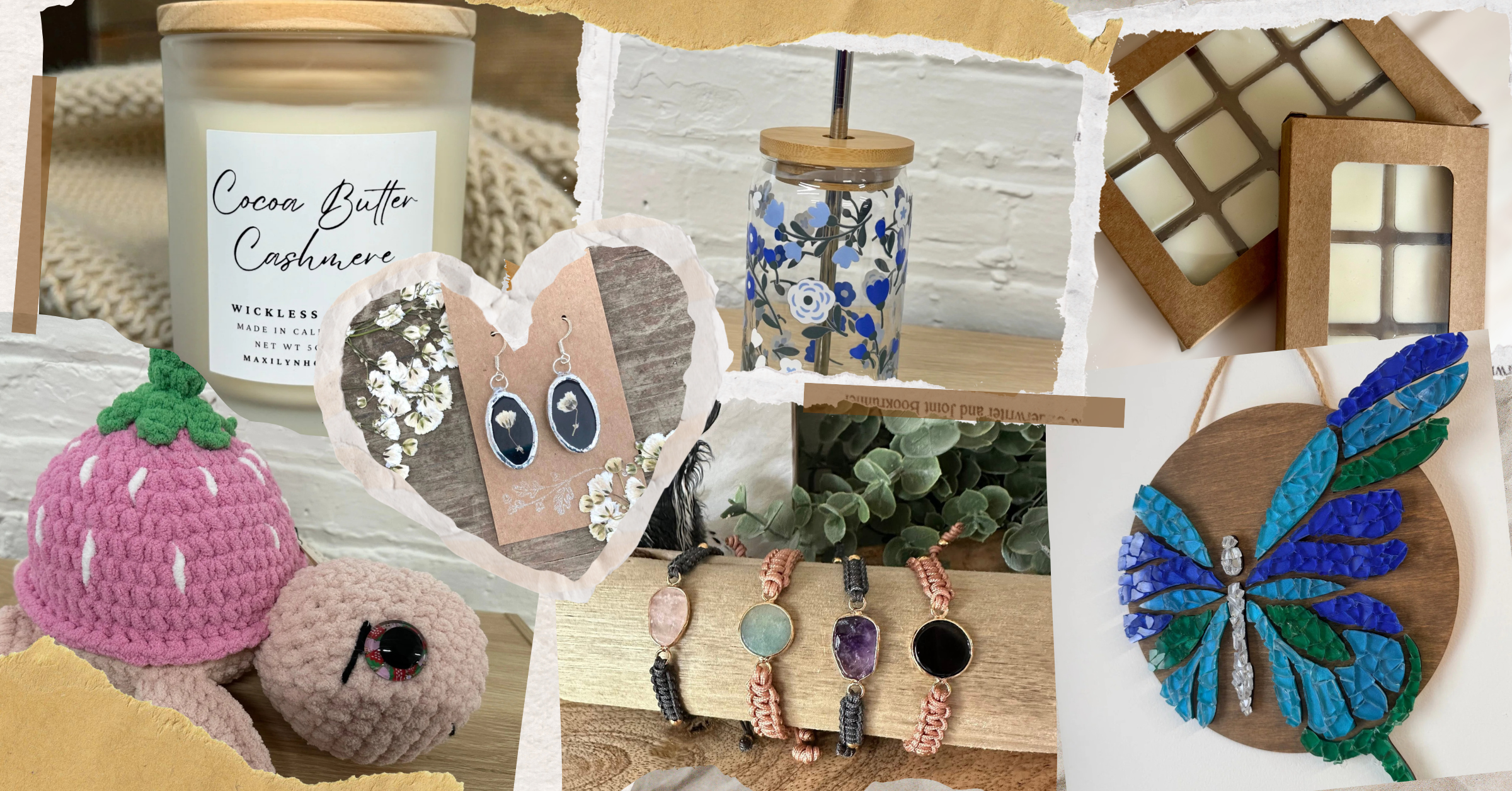 A collage of handmade and artisanal products including a candle labeled 'Cocoa Butter Cashmere,' a blue-and-white patterned glass jar, wooden soap or wax blocks, a pink crocheted strawberry plush, a heart-shaped earring display, bracelets on a wooden stand, and a blue butterfly hanging ornament.