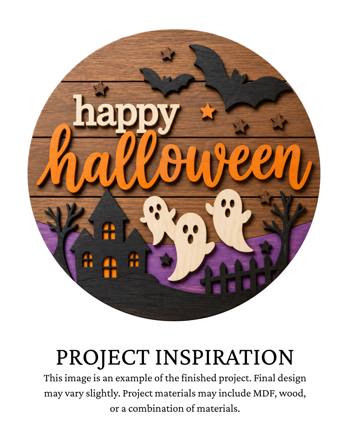 Project inspiration photo for the Happy Halloween Ghosts DIY round door sign with ghosts, bats and spooky house.