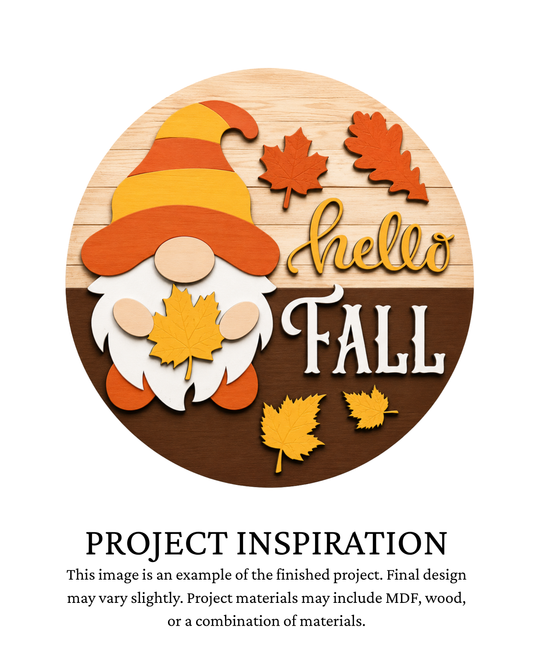Finished project example of a layered round fall door sign featuring a whimsical gnome with pumpkins and seasonal accents and “Hello Fall” lettering. Text below reads “Project Inspiration.”