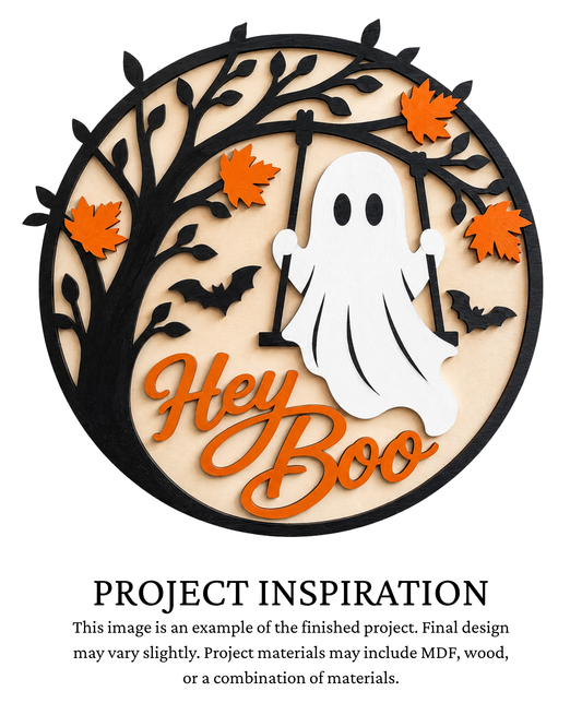 Project inspiration photo for the Hey Boo Fall Ghost DIY round door sign with white ghost, autumn leaves and branches.