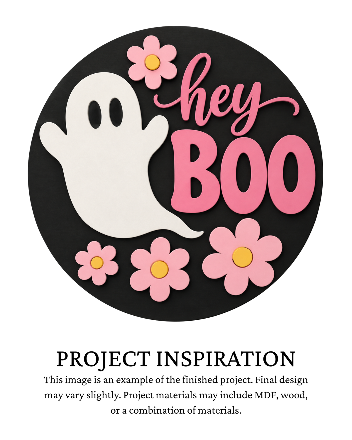 Project inspiration photo for the Hey Boo Floral Ghost DIY round door sign with white ghost, pink flowers and Hey Boo lettering.