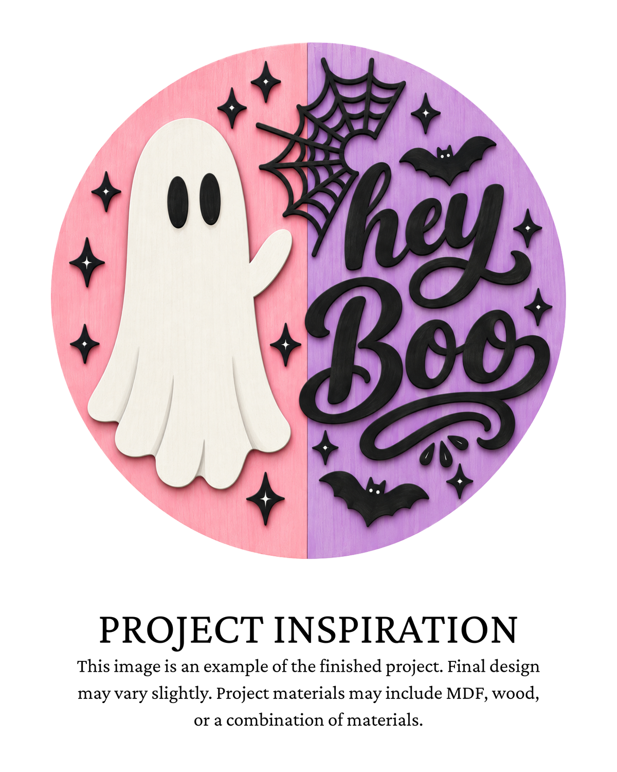 Project inspiration photo for the Hey Boo Ghost DIY round door sign with white ghost, spiderweb, bats and purple lettering.