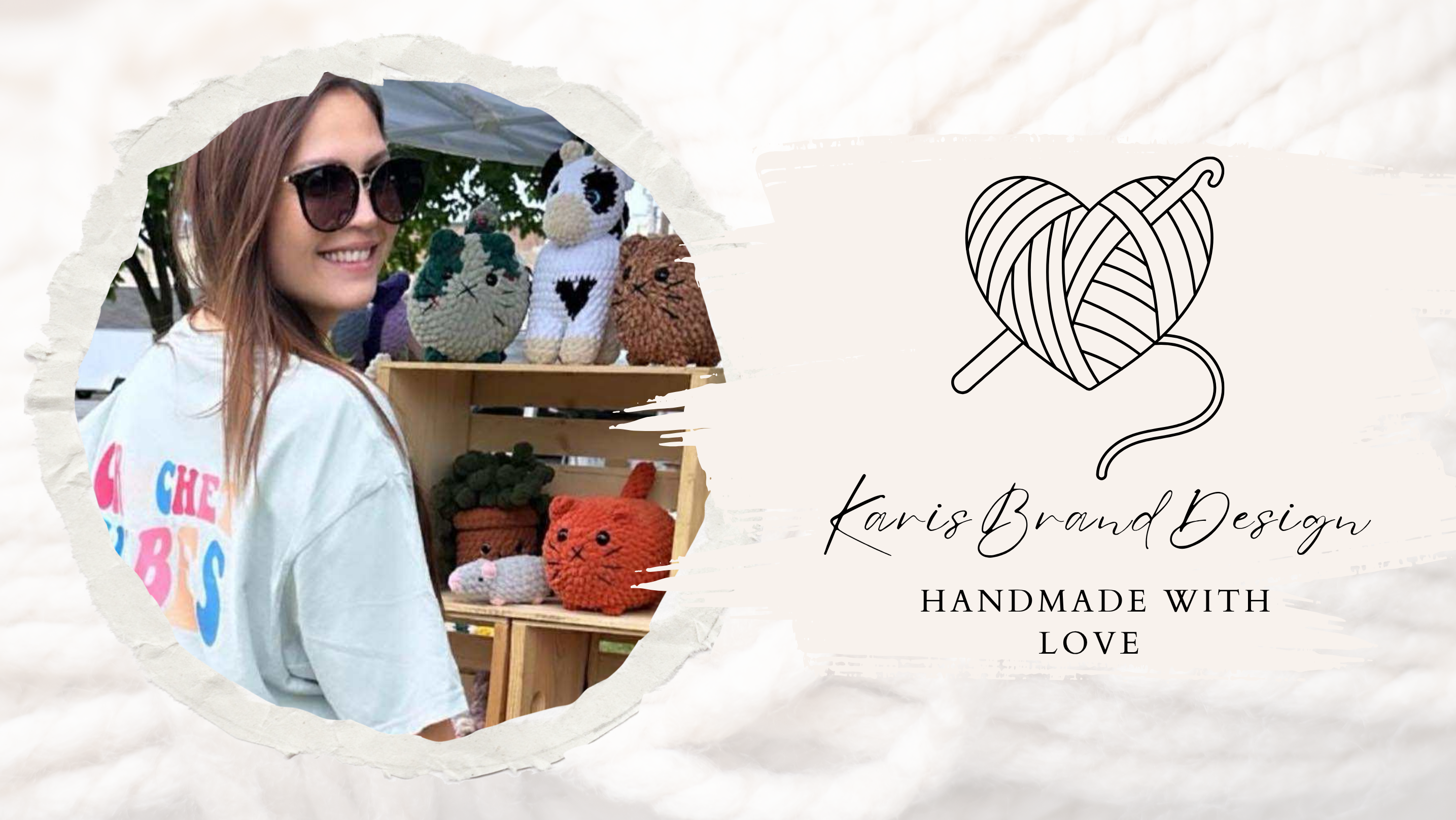 Woman wearing sunglasses standing in front of a market display with crocheted stuffed animals, featuring a logo for 'Karis Brand Design' on a neutral colored textured background.