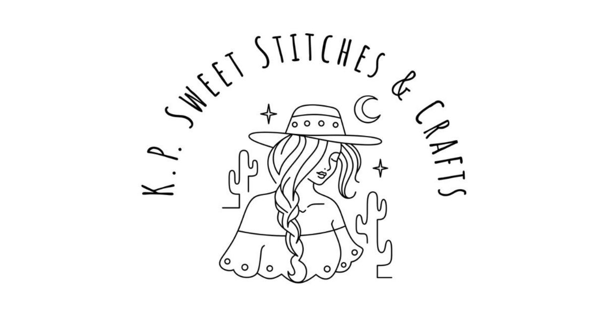 Logo of K.P. Sweet Stitches & Crafts with a stylized illustration of a person wearing a hat and sunglasses.