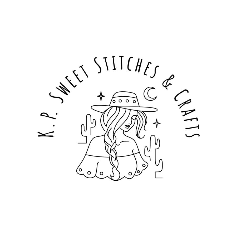 Logo of K.P. Sweet Stitches & Crafts with a stylized illustration of a woman wearing a hat and scarf.