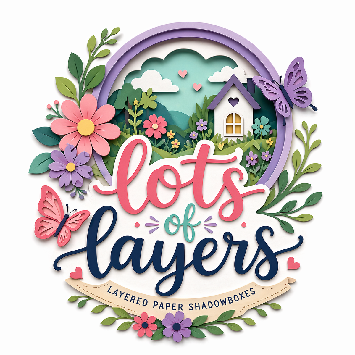 Decorative logo design with 'lots of layers' text surrounded by flowers, butterflies, and a house.