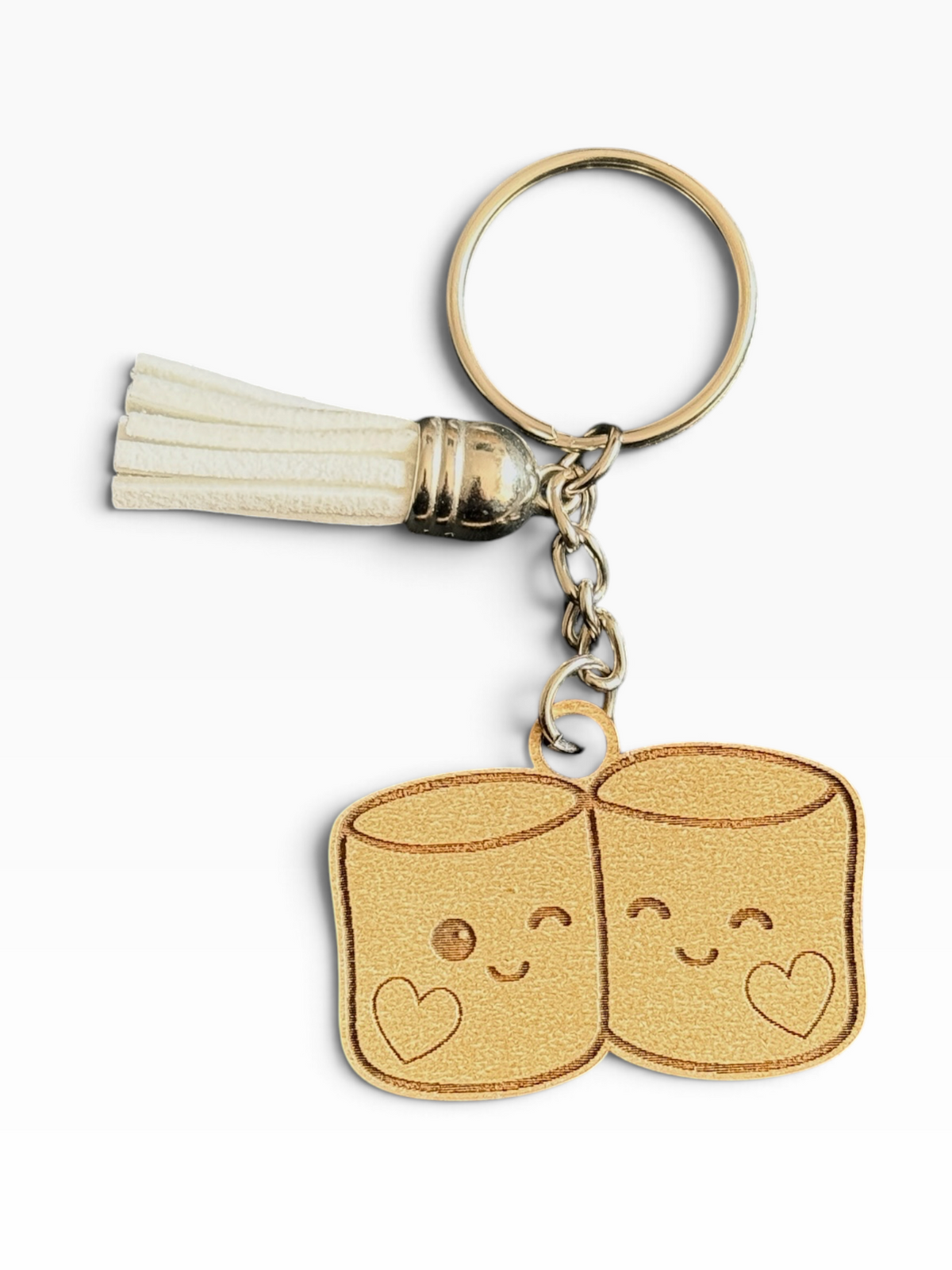 Cute laser engraved marshmallow besties wood keychain with white tassel handmade by Maxilyn House in Racine Wisconsin