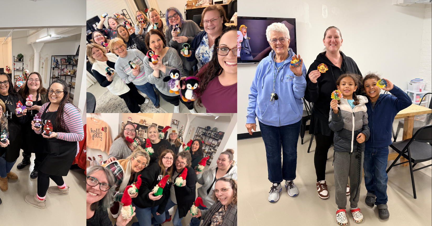 Collage of people holding small decorative items in a room setting.