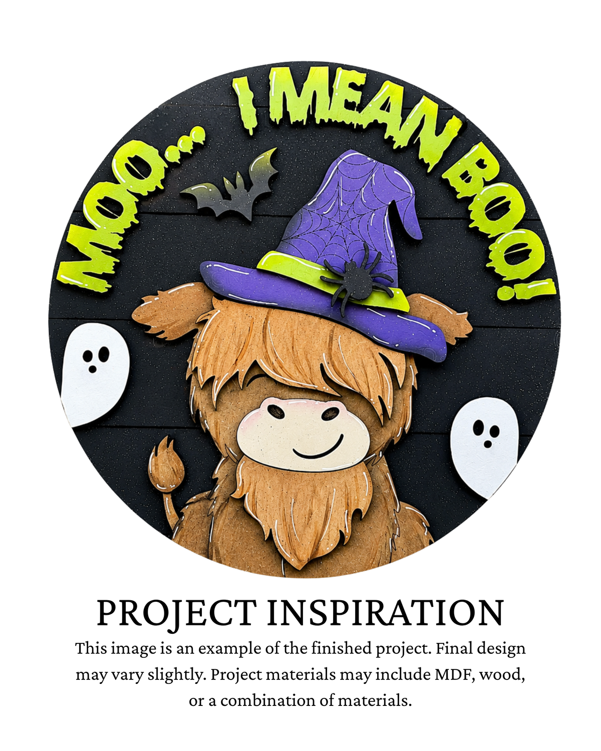 Project inspiration photo for the Moo I Mean Boo Cow DIY round door sign with witch hat, broom and little ghosts.