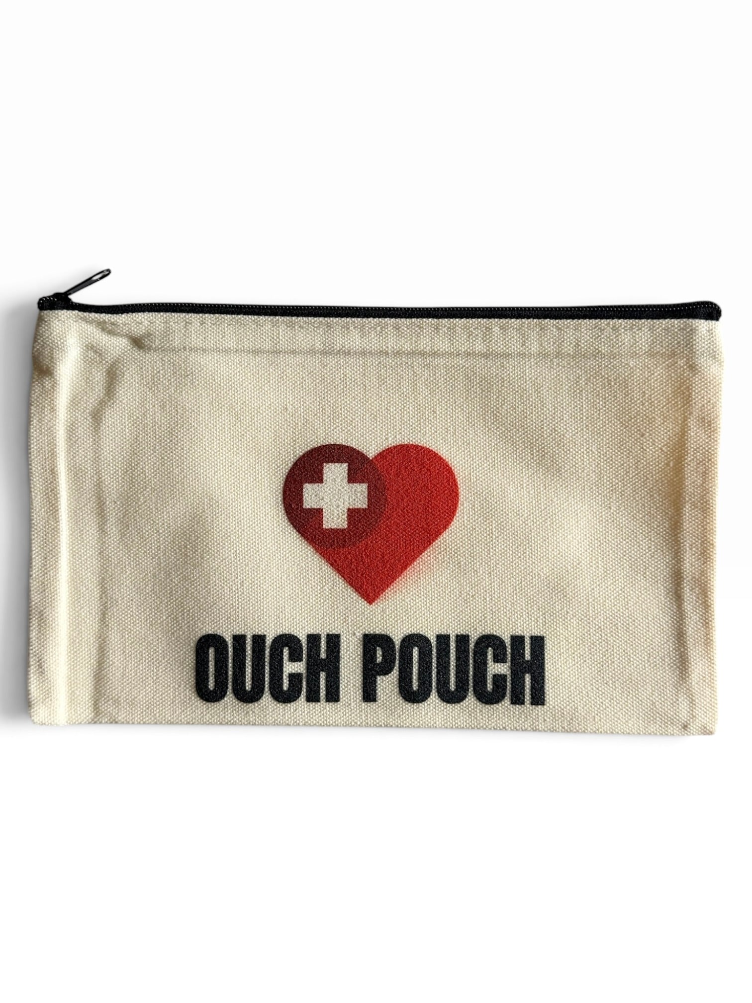 An off-white canvas pouch with a black zipper, featuring a red heart with a white cross and the text 'OUCH POUCH' printed in black.