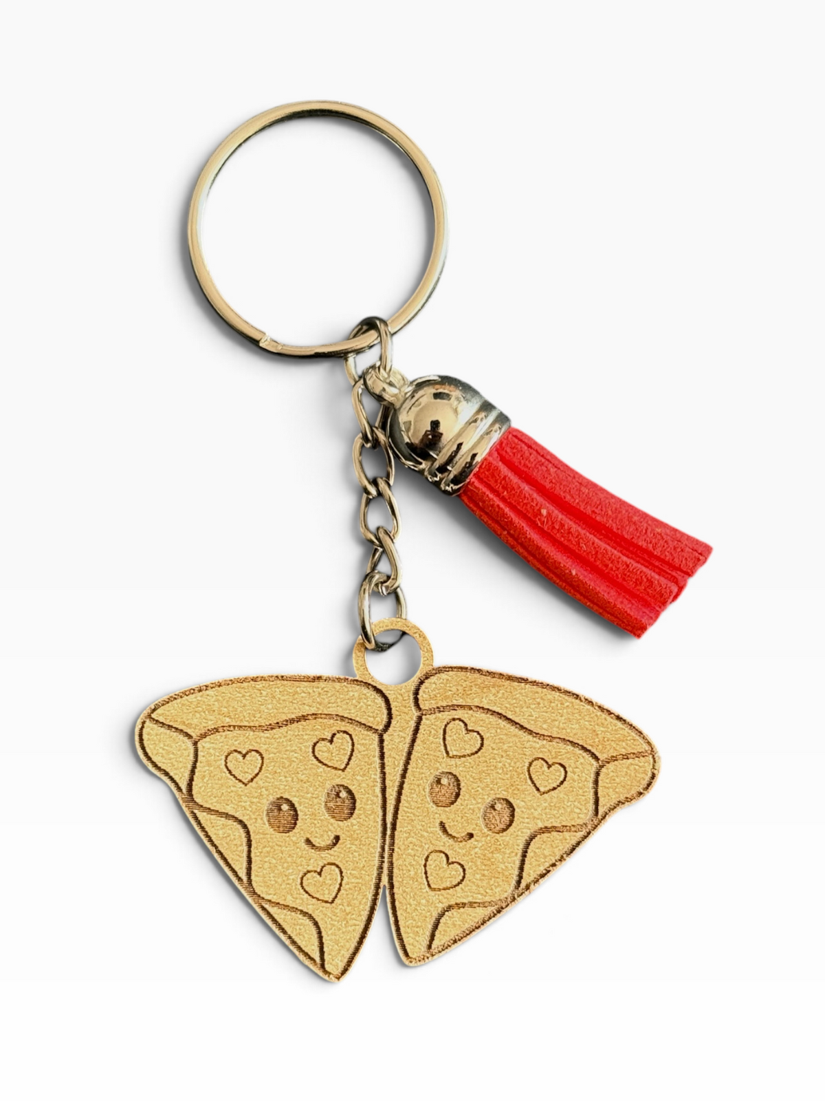 Laser engraved wood pizza besties keychain with red tassel handmade by Maxilyn House in Racine Wisconsin
