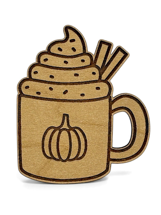Engraved wooden pumpkin spice latte magnet with whipped cream cinnamon sticks and pumpkin