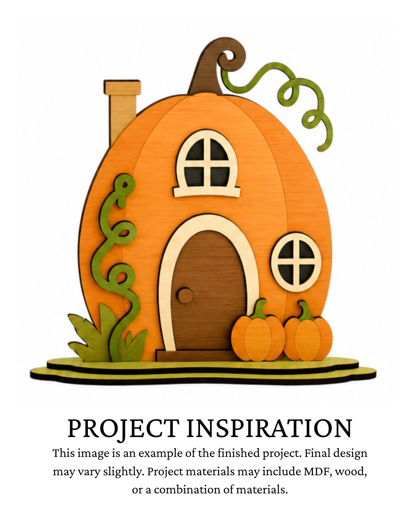 Finished project example of a layered orange pumpkin cottage shelf sitter with windows, arched door, curling vines and small pumpkins. Text below reads “PROJECT INSPIRATION,” describing it as a finished project example.
