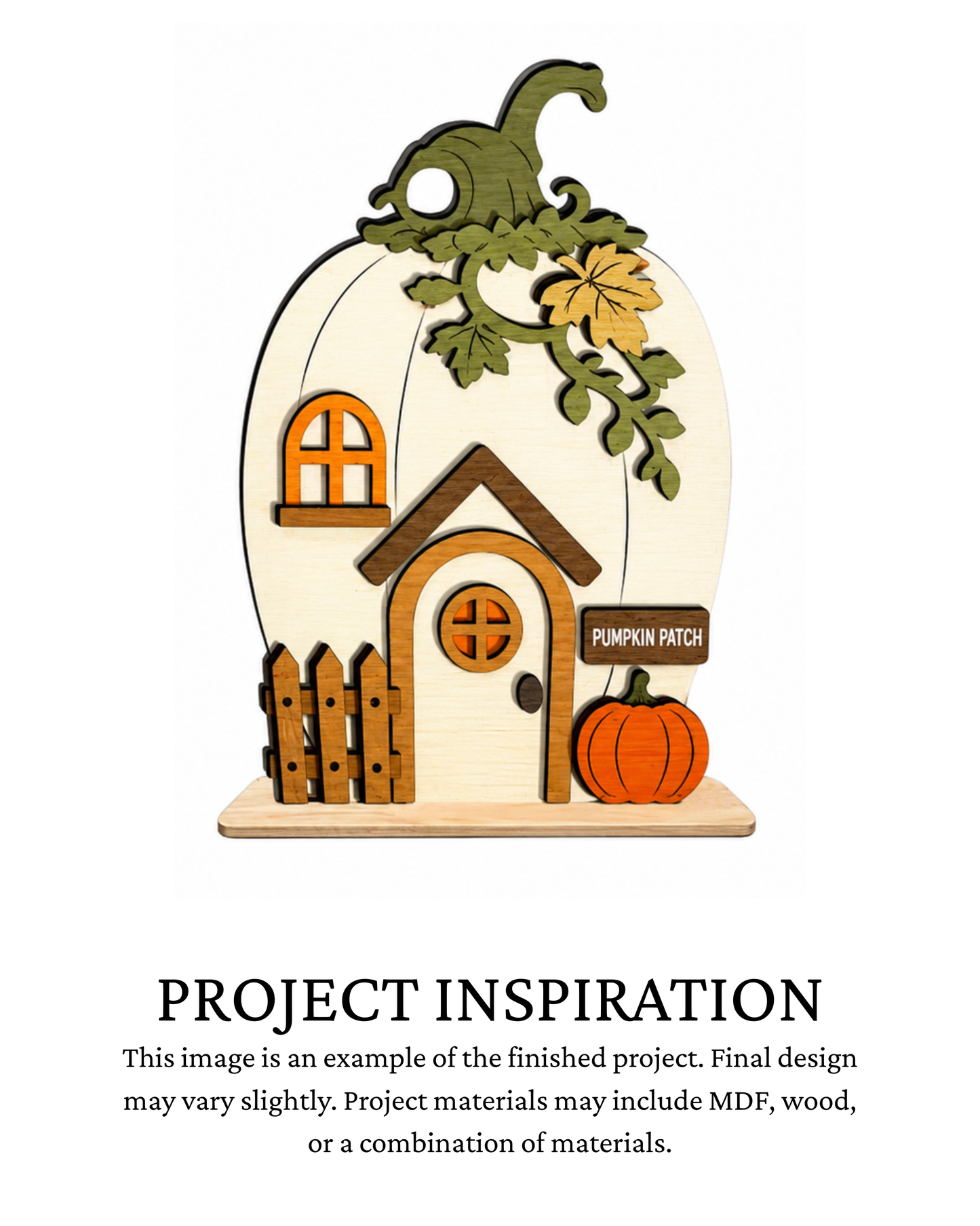Finished project example of a layered whimsical fall fairy house shelf sitter with an arched door, windows, greenery, fence and pumpkin. Text below reads “PROJECT INSPIRATION,” describing it as a finished project example.