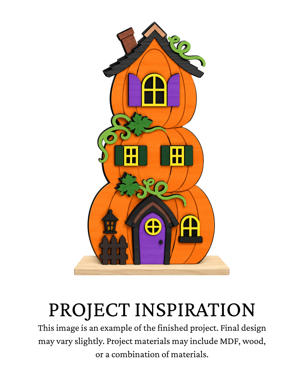 Project inspiration photo for the Pumpkin House Stack DIY shelf sitter with three stacked pumpkin houses and Halloween details.